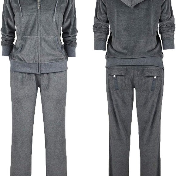 Stylish Women's Dark Grey Velvet Tracksuit with Hoodie & Drawstring Pants - Picture 4 of 5